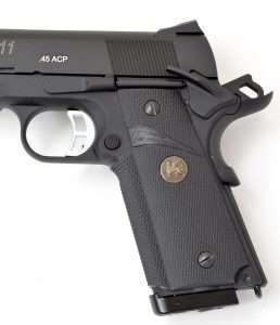 The Sig looks more like the actual .45 Auto version with elongated thumb safety.