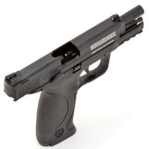 The internal design of the airgun and its CO2-powered version of a striker fired system, takes up a little more room at the breech and the airgun’s smoothbore barrel is slightly shorter than an S&W M&P40 4.25 inch barrel, at just a fraction under 4.0 inches.