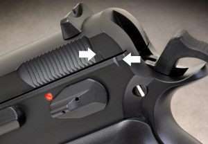 To disassemble (fieldstrip) the 9mm CZ-75 and .177 caliber models, the procedure is identical. After removing the magazine and clearing the gun, the hammer is cocked and the slide is pushed back just slightly to align the registration marks on the slide and frame. Once aligned, all that’s required is to press the slide release shaft protruding on the right side of the frame, which pushes the release lever away from the left side of the frame, allowing it to be easily removed. Push the slide a little further to the rear and then pull it forward off the frame.