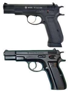 Following the lines of the original CZ-75 (bottom) the air pistol uses the rounded triggerguard, long spur hammer, and single thumb safety. The air pistol uses the slightly deeper extended capacity SP-01-style magazine, with a deeper base plate than the regular CZ-75’s.