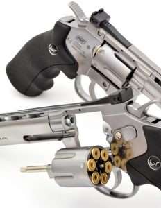 All of the airguns use BB or pellet loading cartridges. The Umarex and Dan Wesson BB cartridges are interchangeable. The pellet model uses a special pellet-loading bullet that unscrews from the cartridge case.