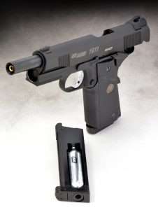 Using a 4.25 inch smoothbore barrel, (0.75 inches shorter than the .45 ACP models) the .177 caliber version of the Sig Sauer 1911 TacOps uses 18-shot, drop free self contained CO2 and BB magazines.
