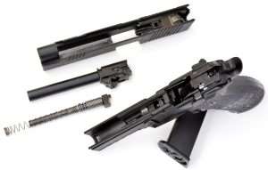 The short-recoil locked breech design is also used in the Sig Sauer P226 X-Five blowback action .177 caliber air pistol. The Sig can be completely field stripped like the 9mm model.