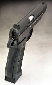 The fixed sights are similar to the CZ-75 but do not have white dots. The front ramp has a non-reflective serrated edge.