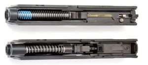The slides house the barrel, guide rod and recoil spring. The Umarex S&W M&P40 slide (bottom) shows the differences required to chamber and fire .177 caliber steel BBs. Both are short-recoil locked breech designs.