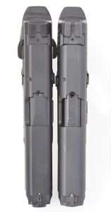 The barrel breechblock on the airgun (left) and .40 S&W model both disengage from the slide during recoil. This is a characteristic of a short-recoil locked breech design.