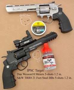 Best 5-shot groups with the ASG Dan Wesson 4.5mm pellet model and Umarex S&W 327 TRR8 measured 1.2 inches, fired off hand from 33 feet (10 meters) and 21 feet, respectively.