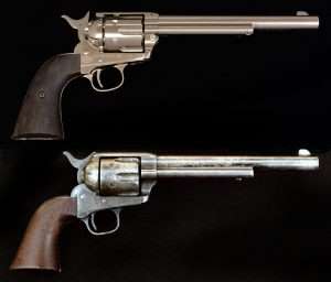 The 7-1/2 inch barrel is significant to the Peacemaker as the first guns produced all had this length barrel. The very first Colt Peacemaker, Serial No. 1 is pictured. Note its 143 year old finish, which is weathered gunmetal gray. Originally a blued gun, it is a striking counterpoint to the new nickel plated Umarex 7-1/2 inch model. The guns are available with white or wood grained grips (pictured).