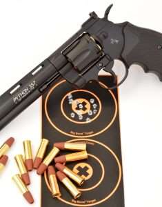 Using a Birchwood Casey 3.75 inch circumference Big Burst target set out at 10 meters (33 feet) the Umarex/Colt Python placed two consecutive cylinder loads inside the 10 and X with a best group measuring 1.5 inches.