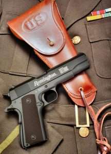 Remington manufactured the Model 1911 and the 1911A1 under their owe name to supply the U.S. military with addition guns during WWI and WWII. These are rarer today than many WWII Model 1911s, not as rare as a Singer M1911A1, but still rare. The .177 caliber Remington 1911 RAC looks right at hone on this WWII officer’s jacket and J T & L Model 1942 1911A1 holster. (Reproduction holster courtesy World War Supply, jacket courtesy Allegheny Trade Co. collection)