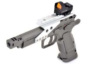 With blowback action air pistols that have cartridge-firing counterparts, most of the accessories will work on the .177 caliber models, including optics like this C-More STS red dot competition sight. While the C-More sight can cost up to $400, roughly four times as much as the Tanfoglio air pistol, it can be switched between guns and it built to handle the recoil of large caliber pistols. 