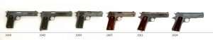 John M. Browning’s designs went through its various stages of development between the first Colt semi-auto of 1900 and the introduction of the Model 1911A1 in 1924. Shown are the principal guns designed by Browning and manufactured by Colt’s. (Guns courtesy Mike Clark/Collector’s Firearms and Tim McGonigel collection)