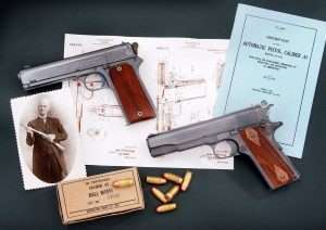 Changes in design from the Model 1905 (left) to the Model 1911 include the hammer, grip angle, barrel mounting system, thumb and grip safeties and magazine release. John M. Browning patent for the Model 1911 dated February 14, 1911. The final design was approved for issue to the U.S. military on March 29, 1911 and officially named “U.S. Pistol, Automatic, Calibre .45, Model 1911.” The pistols were issued to the U.S. Army, Navy, Marine Corps, and federal agencies and remained in continual use until the improved Model 1911A1 was introduced in 1924.