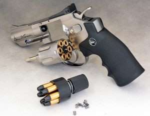 Unlike the original (and current) Dan Wesson design, the ASG model uses an S&W-style cylinder latch release mounted on the frame.