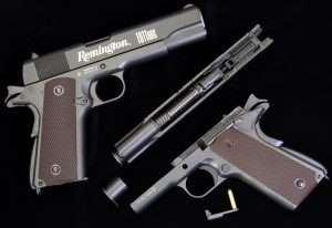 One of the other excellent features in the design of both guns is correct 1911 disassembly. Although with far less resistance, the steps are the same as a .45 ACP model; remove the magazine, clear the gun, depress the plunger and rotate the barrel bushing counter clockwise until you can remove it, push the slide back to the slide release lever disassembly notch, pull the slide release lever out, and then draw the slide forward off the frame. You can also remove the guide rod, (which goes inside a housing that also comes out), and the barrel from the slide, although this is neither necessary nor recommended. But the airgun does fully fieldstrip is you are so inclined.