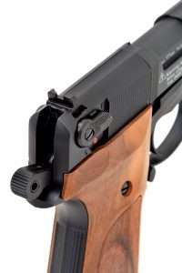The only weakness in the design is not having white dot sights for better target acquisition. The rear sight is a windage adjustable, dovetailed u-notch design.