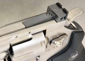 The pistol has a fully adjustable rear sight with click stops for elevation and windage.
