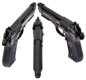 With all the features of the 9mm model, the .177 caliber pistol has white dot sights, ambidextrous thumb safeties that also function as a de-cocker. It is nearly the identical size and weight of the 9mm model and fits most holsters designed for Beretta Model 92 Series guns with dustcover rails.