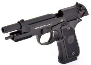 The blowback action airgun has a fully functioning double action/single action trigger, correct slide release, and the slide locks back when the magazine is empty. The disassembly lever (forward of the slide release) operates exactly the same as the 9mm and the airgun field strips the same, right down to the barrel, guide rod and recoil spring being removed from the slide for cleaning.