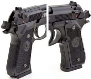 The ambidextrous safety/de-cocker is easy to operate for right or left-handed shooters. Note the selector switch positioned just below the slide and behind the right grip panel. The indicators are a single dot for semi-auto, and three dots for full auto fire.