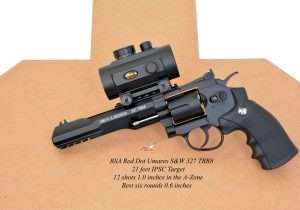 Older but still on target, the author’s BSA RD42 knocked out a best six rounds at 0.6 inches from 21 feet with the Umarex S&W 327 TRR8.