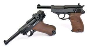 The Umarex Walther P.38 (right) and Gletcher (and Umarex) P.08 Parabellum are nearly identical in overall design, dimensions and operation to the original 9mm pistols. 