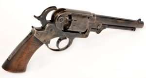 While it is not possible to leave a modern double action trigger and hammer staged (without holding the gun as shown in other photos), the 1858 Starr double action revolver actually stopped the hammer at this position until the trigger was pulled the rest of the way back. 