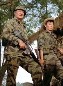 Among Wayne’s most noteworthy roles was U.S. Army Col. Mike Kirby in The Green Berets. This 1968 Vietnam era film was John Wayne’s last war movie. (Wayne is shown in this still from the film with actor George Takei)