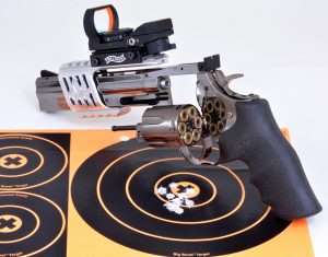 Best six rounds at 21 feet fired offhand using a Weaver stance and two-handed hold measured 0.95 inches using the MRS optics.