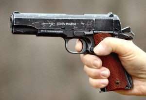 Good looking and good shooting the John Wayne 1911A1 has all the right features, a solid 5 pound, 14 ounce trigger pull and decent accuracy at 21 feet for a CO2 blowback action semi-auto.