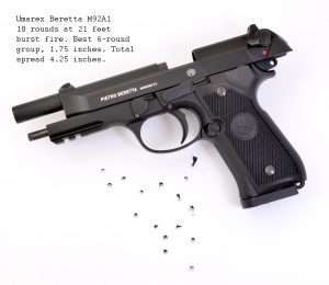 All 18 shots from the Beretta M92A1 in full auto struck the center of the target with a spread of 4.25 inches, a best six with two overlapping, at 1.75 inches. This gun has the most muzzle rise of the three but keeps the shots still closely grouped together. On a man-sized B-27 silhouette target every shot would be across the 9, 10 and X. 