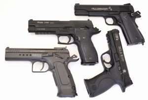 These four blowback action CO2 models have the best overall authenticity, operating features, balance in the hand, triggers, and sights of the air pistols tested. In price, the Tanfoglio is the most expensive with a $189 MSRP but the lowest at a discounted price of $80; the Sig is the next with an MSRP of $149 and a discounted price of $110, both the Colt 1911 and M&P40 have MSRPs of $120 and discounted prices of $100 and $90, respectively.