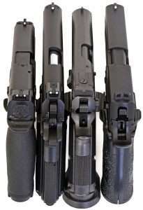 Of the four top guns three have white dot front sights, two have black rear sights, and one has a black front sight.