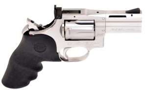The manual safety shows most from the right side but the airgun has really clean, uncluttered lines, and .357 Magnum engraved on the side of the barrel.