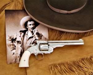 Texas Jack Omohundro was with Buffalo Bill’s theater troupe from 1872 to 1876 when he left to write and perform on his own, along with his Italian born wife Giuseppina. The Schofield pictured was the prototype for the America Remembers .45 caliber Texas Jack commemorative model, as well as the basis for the current hand engraved .177 caliber Schofield CO2 model.