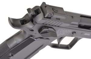 The Bomar-style rear sight used on the Tanfoglio Limited Custom provides click adjustable settings for elevation and windage ad can be fine-tuned for competitive shooting practice.