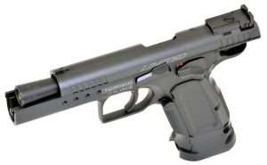 The CO2 model uses a full length guide rod and has an external bull barrel with flared muzzle. 