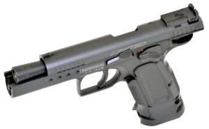 The CO2 model uses a full length guide rod and has an external bull barrel with flared muzzle.