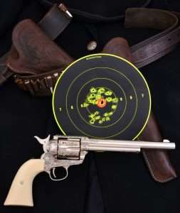 The Colt .177 caliber (4.5mm) pellet firing model with 7-1/2 inch barrel did better than the BB firing Schofield at 25 feet putting two overlapping shots into the center of the X and a best six spread across 0.75 inches and all 12 rounds measuring 2.20 inches.