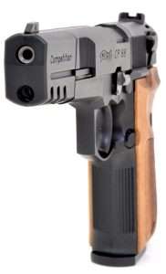 The CP88 has an overall length of 9-inches and weighs 2.5 pounds (40 ounces) empty. Note the ambidextrous safety and ambidextrous magazine release buttons, like the 9mm models.