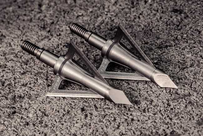 two broadheads with fixed blades on a gray background