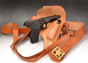 The blowback action Gletcher TT is a very close reproduction of the legendary Tokarev TT-33. The slide locks back after the 18-round BB magazine (in holster magazine pouch) is empty and the .177 caliber pistol handles very closely to the 7.62x25mm original. (Reproduction Tokarev holster and belt courtesy World War Supply)