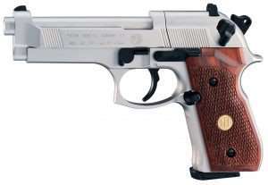 The 92 FS is also available in a satin nickel finish with checkered Beretta hardwood grips.