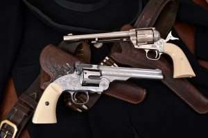 And here it is the first hand engraved .177 caliber Schofield revolver. It’s a striking counterpoint to Adams & Adams hand engraved 7-1/2 inch Peacemaker. Both guns have engraving based on original 19th century patterns. 