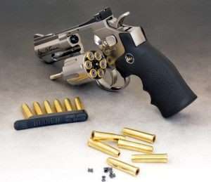 The alternative to loading the original style Dan Wesson two-piece cartridges is the ASG one-piece brass and steel pellet cartridge that loads the pellet at the back of the case like a primer. This is the same design (but not the same cartridge) as is used in the Colt SAA BB and pellet models. The ASG Dan Wesson one-piece pellet rounds are strictly for pellets and should not be used with steel BBs as they use a larger channel for CO2 to pass through and push the heavier grain weight pellets downrange at maximum velocity.