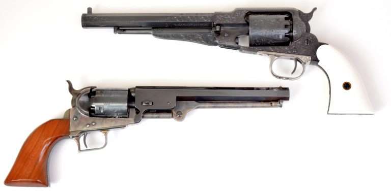 After 1847, Colt began using a barrel lug that aligned with the front of the lower frame and left a short gap between the back of the lug and the cylinder. This was to help facilitate loading the revolver. The distance from the back of the barrel lug to the top cylinder chamber was bridged by a forcing cone that was nearly flush to the cylinder, as shown on a Colt 1851 Navy (bottom). In 1858 E. Remington & Sons introduced their Navy and Army models revolvers (top) which used a solid topstrap frame with the barrel threaded into the frame.