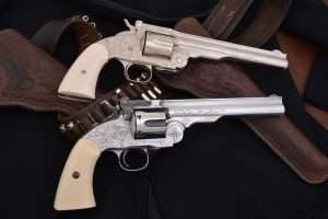 How good a job does Adams & Adams do engraving the Schofield airgun? The pistol at the top is an Adams & Adams engraved .45 Schofield. 