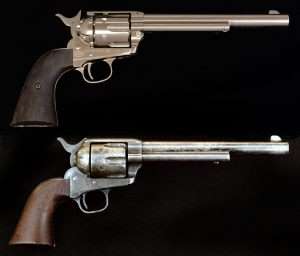 The 7-1/2 inch barrel is significant to the Peacemaker as the first guns produced all had this length barrel. The very first Colt Peacemaker, Serial No. 1 is pictured. Note its 143 year old finish, which is weathered gunmetal gray. Originally a blued gun, it is a striking counterpoint to the new nickel plated Umarex 7-1/2 inch model. The guns are available with white or wood grained grips (pictured). 