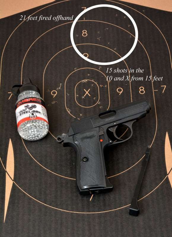 For a small airgun with a 295 fps average velocity, which is 65 fps slower than the comparable Umarex Beretta Model 84 FS (which uses a self contained CO2 BB magazine) the PPK/S acquitted itself nicely at 15 feet with a best group measuring 3.01 inches.