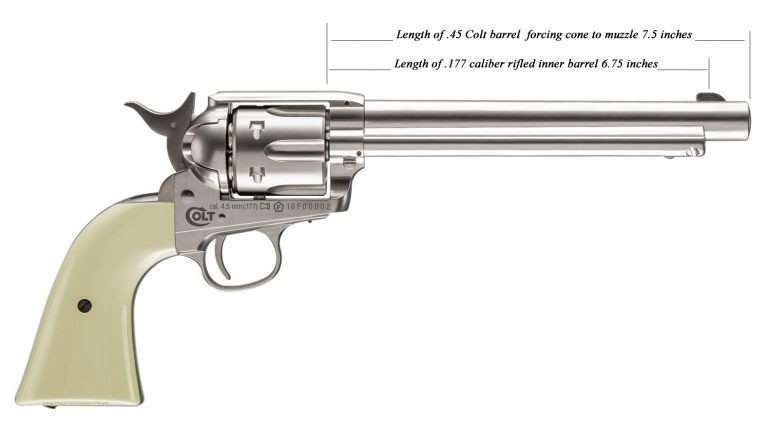 This diagram of the new 7-1/2 inch Umarex Colt Peacemakers (with the optional white grips) shows the measurements of the outer full length, and recessed inner barrel.